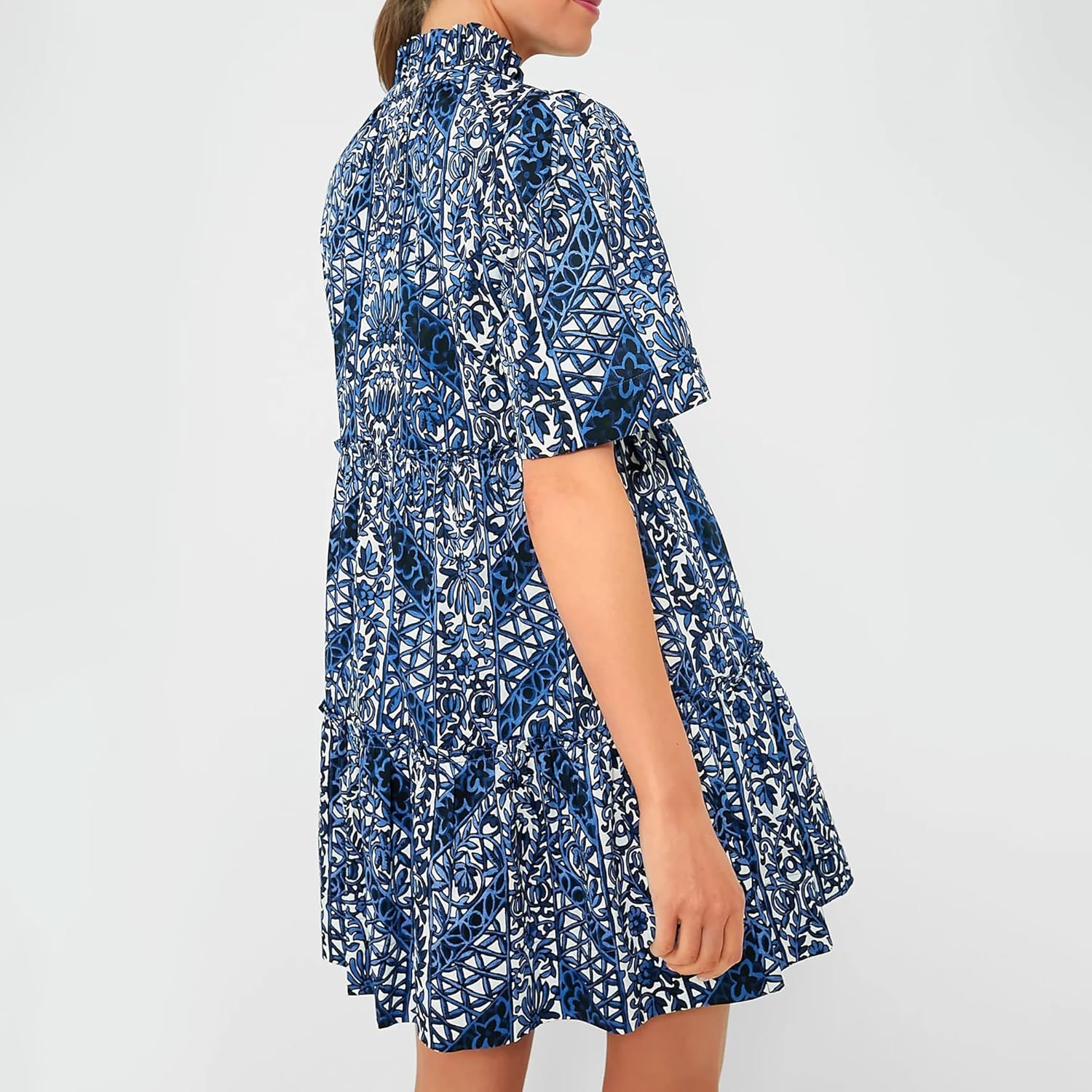 Womens Summer Mini Dress V Neck Short Sleeve Blue Floral Sundress Flowy Swing A Line Casual Dress - Image 2