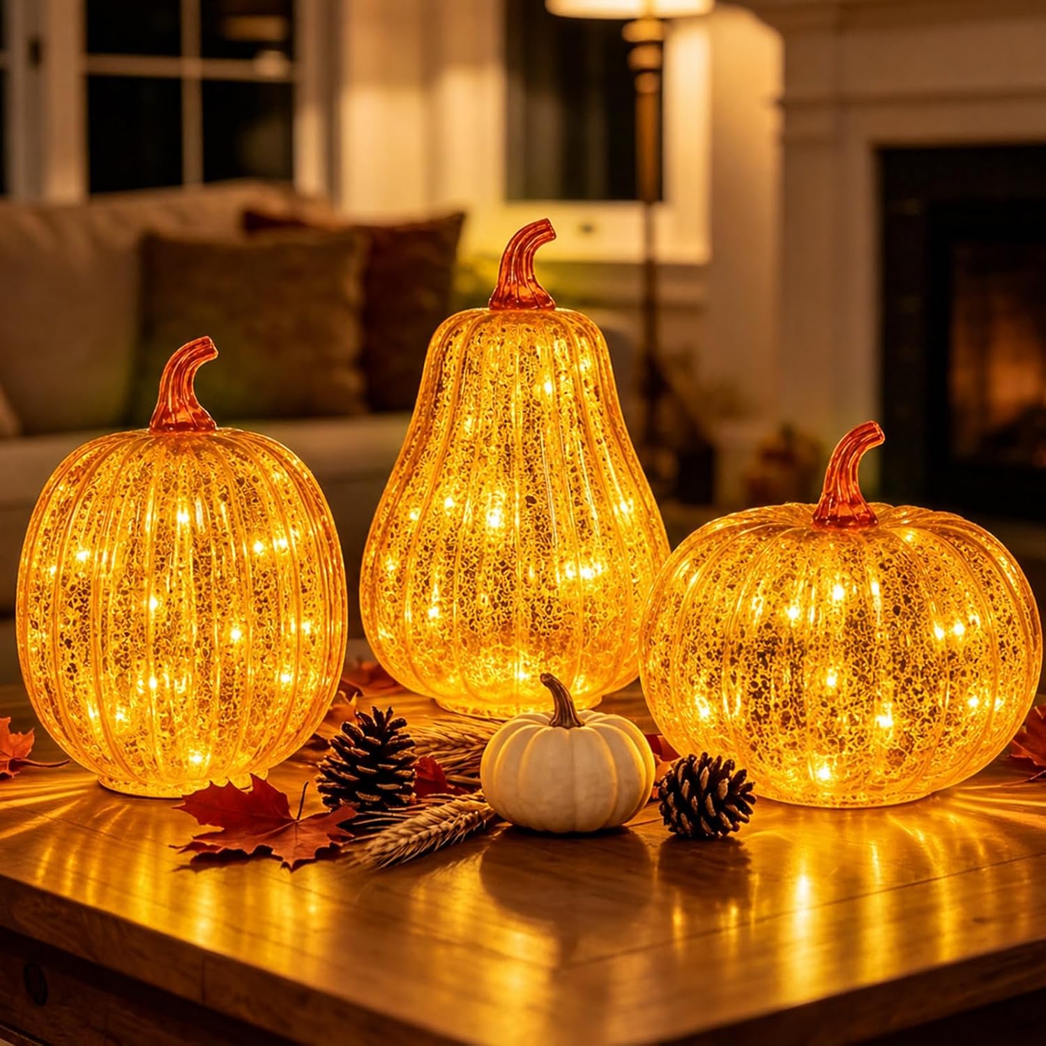 MUMTOP Mercury Glass Pumpkins Light 3PCS Halloween Fall Pumpkin Decor