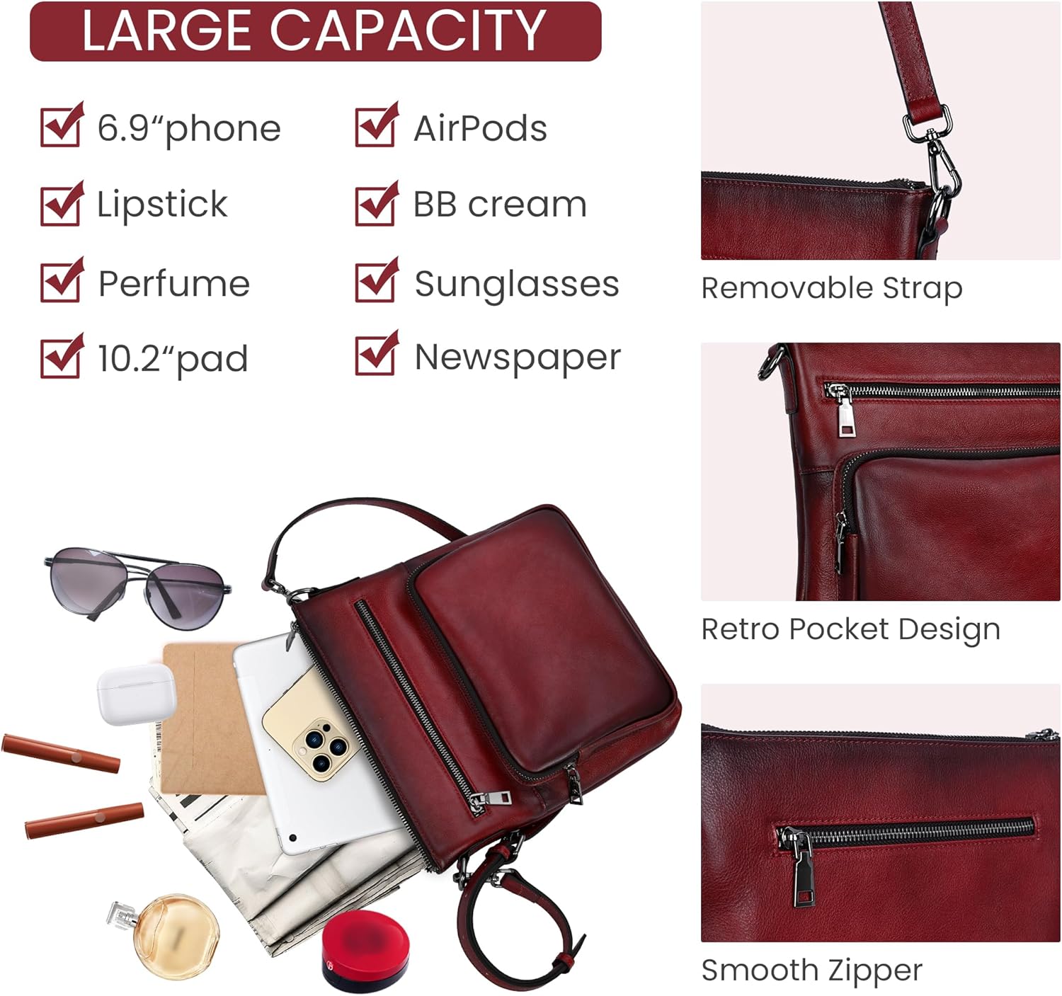 HESHE Genuine Leather Crossbody Purses for Women Soft Leather Purse Satchel Shoulder Bags with Multi Pockets - Image 6