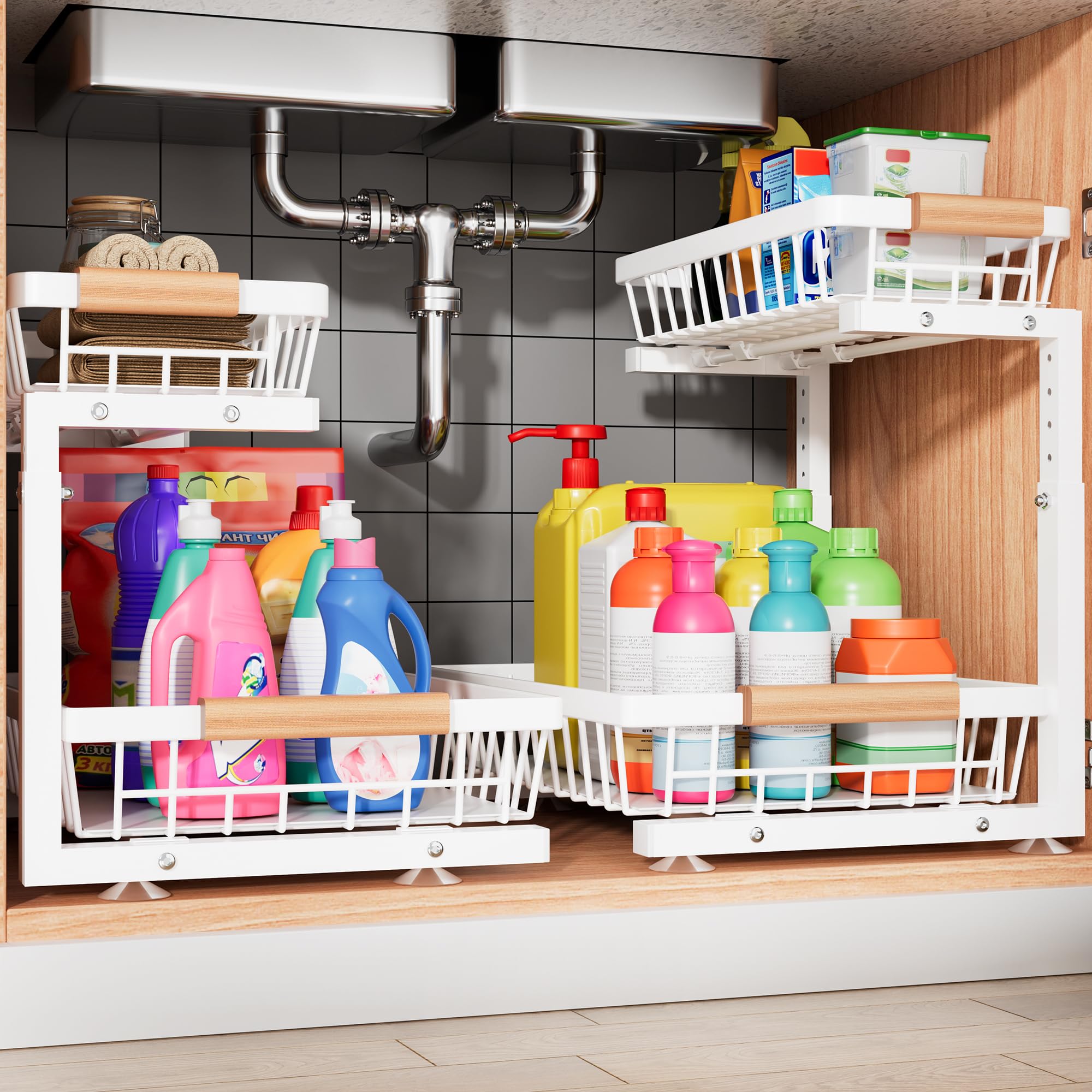 Organizador para debajo del fregadero, 2 paquetes de organizadores de baño y almacenamiento, 2 niveles para debajo del fregadero, estantes extraíbles para cocina, baño, despensa, armario, color blanco