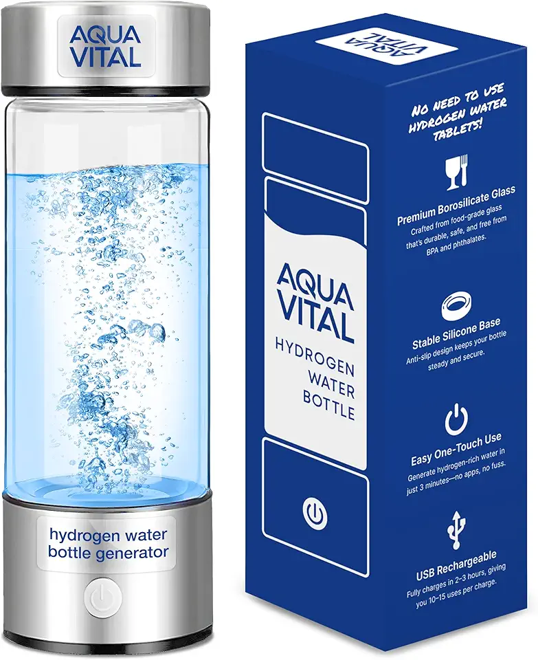 FREEZE2TRIM Garrafa de Água Hidrogenada Aqua Vital 2026 com Gerador, Capacidade de 470 Ml, Spe-Pem, Recarregável Via Usb-C, Em Vidro com Desligamento Automático, Portátil, para Esportes E Viagens