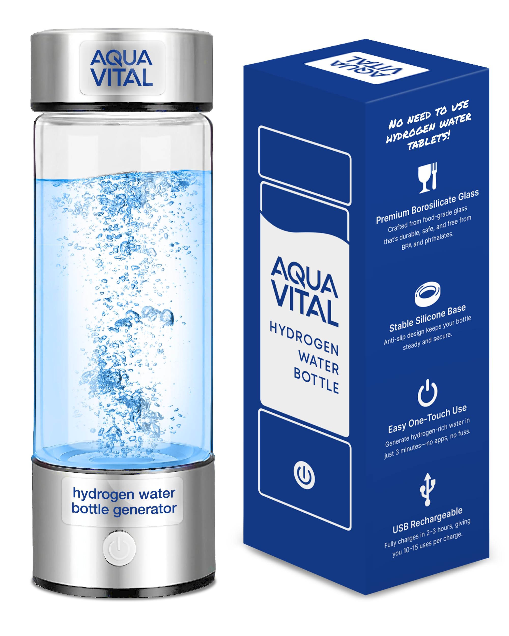 Photo 1 of Aqua Vital Hydrogen Water Bottle 2026 Generator 16 oz/470 ml SPE-PEM Ionized H? Hydration Bottle USB-C Rechargeable Glass Flask with Auto Shut-Off Portable Sports & Travel Hydrogenated Water Machine