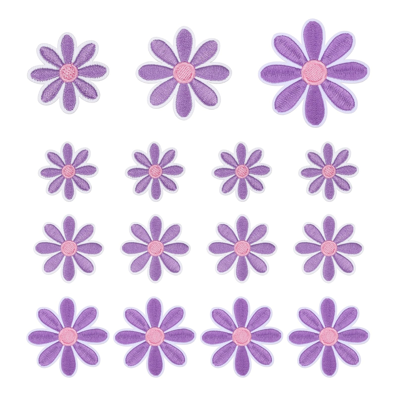 sourcing map 15 Pcs Daisy Flower Iron-on Patches, 3 Sizes 6.5/4.5/3cm Cute Sew Embroidery Applique Patches for Clothing Repair Backpack Shoes Decoration, Purple