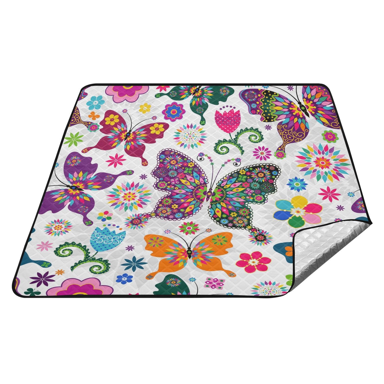 Picknickdecke, 200 x 200 cm, florales Schmetterling, Blume, große Picknickmatte, wasserdicht, Stranddecke, tragbarer Outdoor-Teppich, Camping-Matte