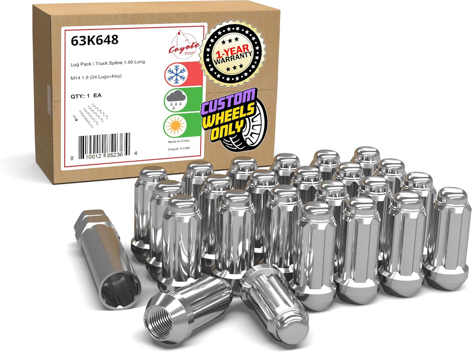 Wheel Accessories Parts 24 Pcs M14x1.5 14x1.5 Thread Truck 2.00" Long Spline Lug Nuts Chrome 6 Spline Fits Chevy Silverado 1500 Ford F-150 GMC Sierra 1500 RAM 1500