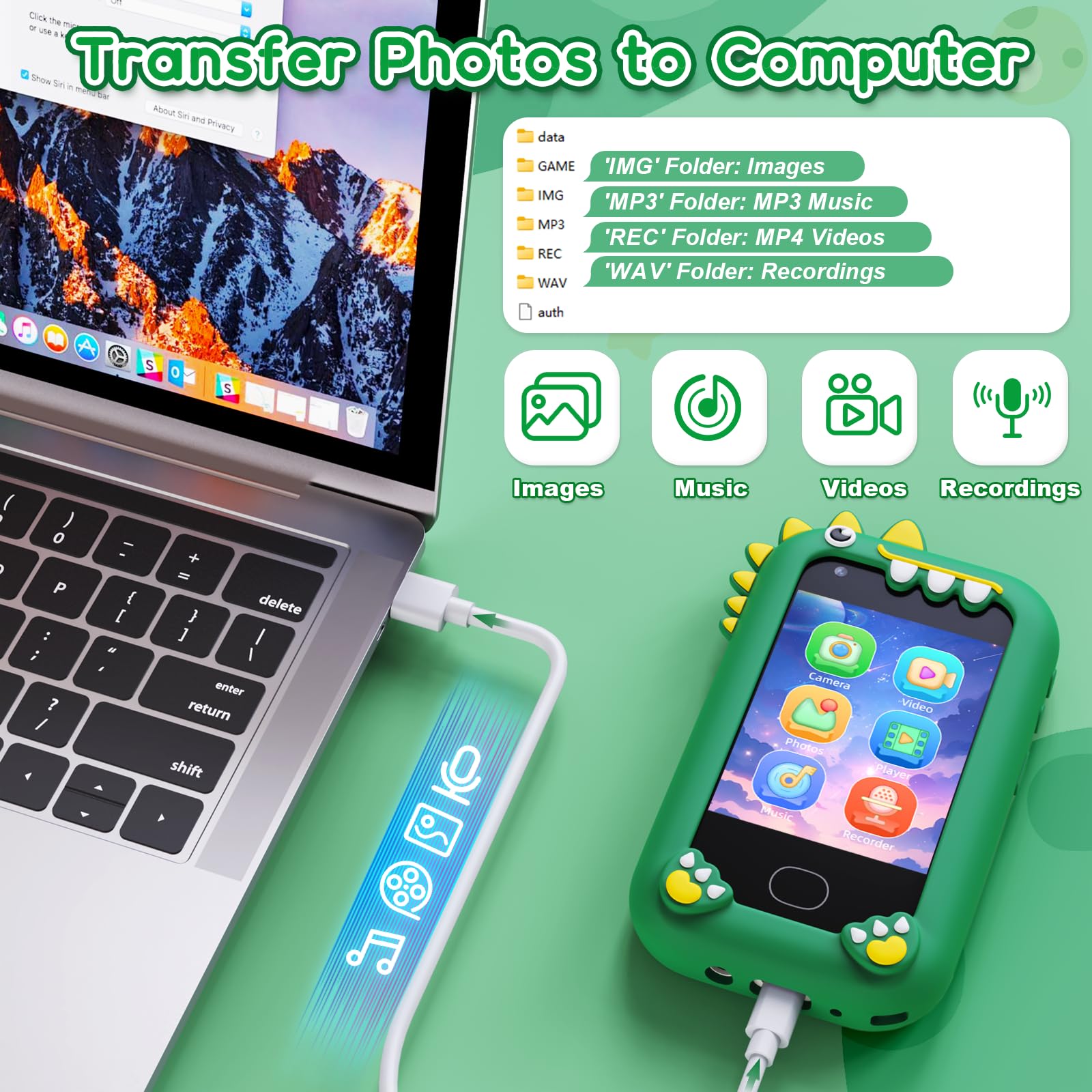Teléfono inteligente para niños – Teléfonos para niños de 3 a 10 años, pantalla táctil HD de 2.8 pulgadas, cámara dual HD, regalo de cumpleaños de Navidad, juguete de dinosaurio, tarjeta SD de 4