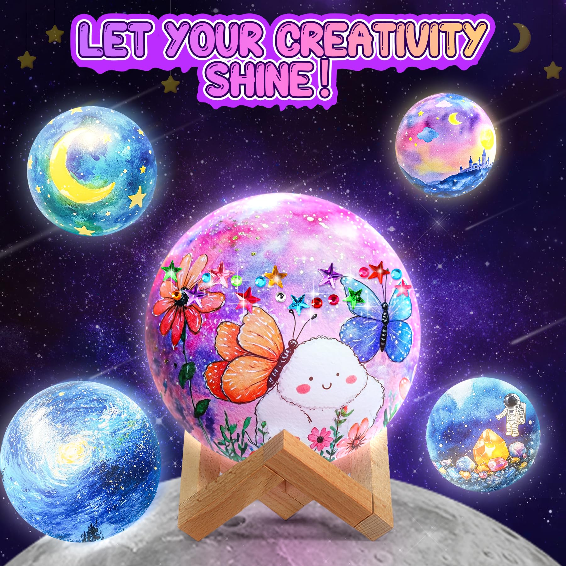Pourbibi Kit Lampada Luna 3D Set Pittura, Lavoretti Creativi Bambini 6-11 Anni, Giochi e Luce Notturna per Pittura 3D, Set di artigianato regalo di compleanno per ragazze 6 7 8 9 10 11 12 anni