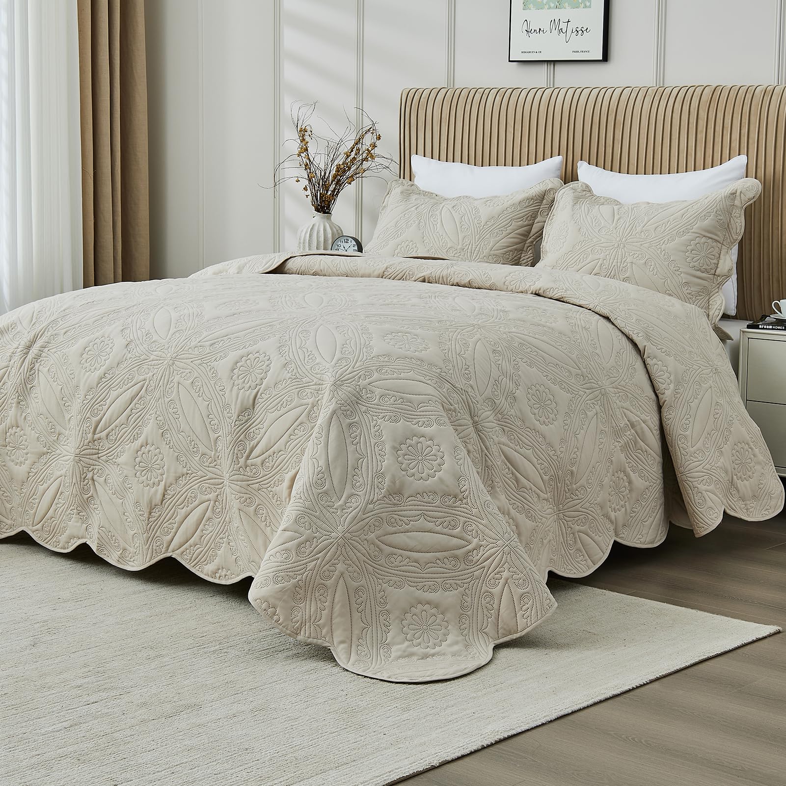 Kingnex Oversized King Bedspreads 128x120 Ultrasonic Quilted Beige