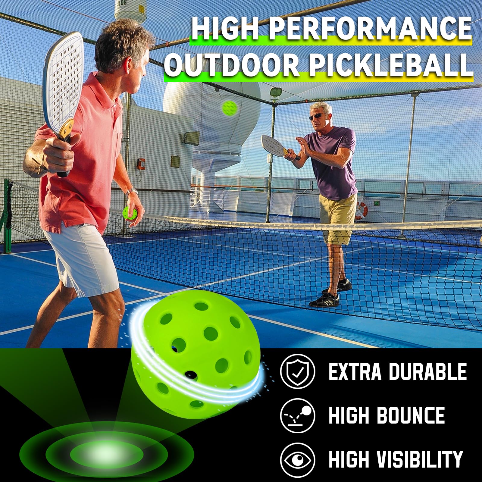 LUCYLANKER Palline da Pickleball da Esterno, Palline da Pickleball a 40 Fori con Borsa in Rete & 2 Riciclatori di Palline, Alto Rimbalzo & Resistente per Tutti gli Stili, Paddle & Campo da Pickleball