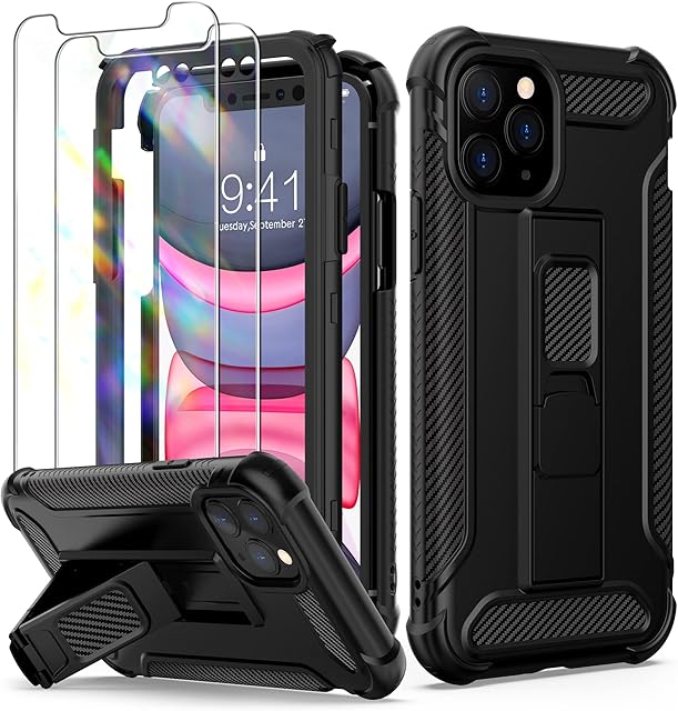 ORETech Designed for iPhone 11 Pro Max Case, and [2 x Tempered Glass Screen Protectors] [Built-in Kickstand] Shockproof iPhone 11 Promax Case 360 Full Body Protective Silicone TPU Bumper Cover - Black