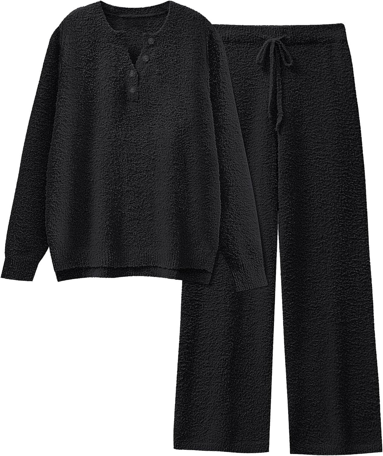 anrabess womens pajama fuzzy fleece 2 piece long sleeve top wide leg pants lounge matching pj sets 2025 fall winter outfits black small