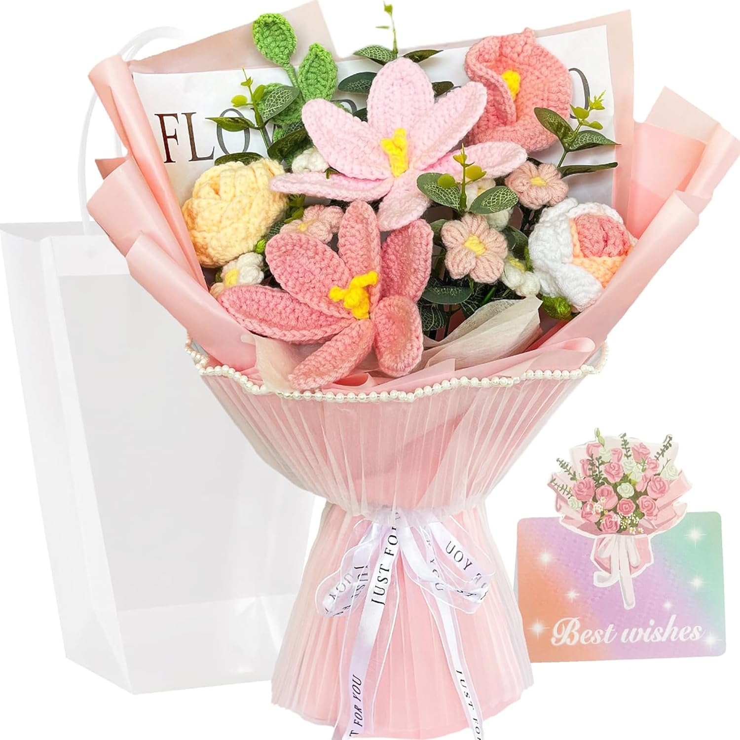 Crochet Flower Bouquet, Pink Handmade Knitted Rose Flower, Crochet Tulips Calla Lily Flowers for Wife Lover Anniversary Mother's Day Birthday Wedding Party Graduation Gifts Home Decor Ideal (Pink)