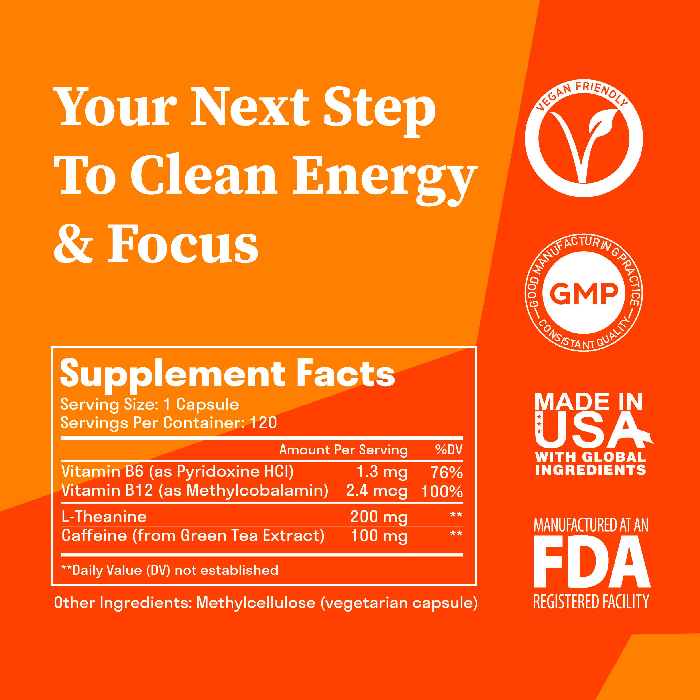 Aromatik Caffeine L-Theanine Focus Supplement | Caffeine (100 mg) + L-Theanine (200 mg) + B Vitamins | Energy Focus Cognition | USA Made at FDA Registered Facility | Vegan Capsules | 120 Servings — Amazon image 2