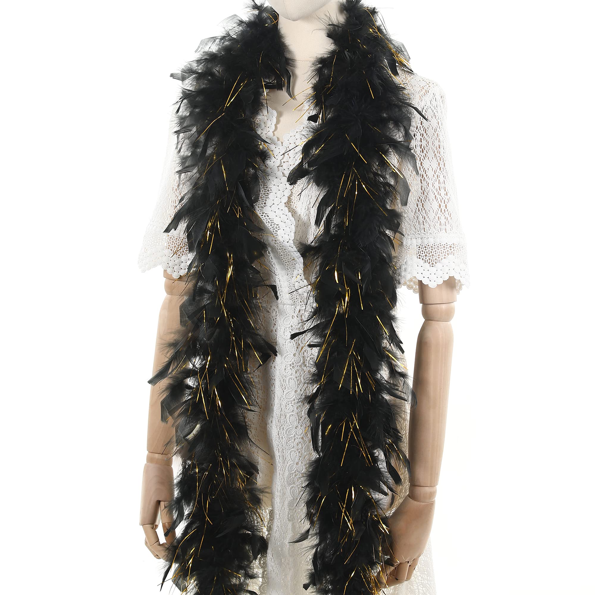 Black with Gold Tinsel Boas - 45g 2 Yards Feather Boas for Party Bulk,Halloween,Wedding,Concert,Pet and Home Decoration(45g-Black Gold Tinsel)