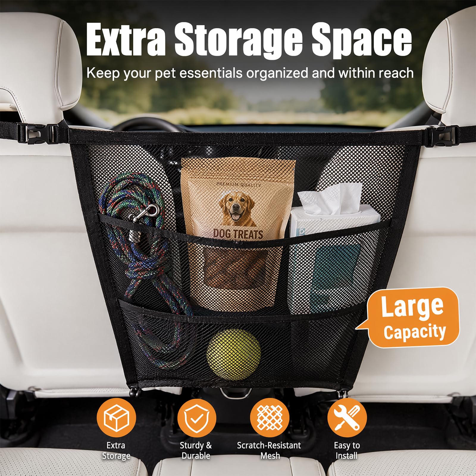 Griglia per cani per auto, 69 cm x 57 cm, regolabile, universale, con tasche portaoggetti, griglia divisoria per bagagliaio e sedile posteriore, barriera di sicurezza contro il cane dal