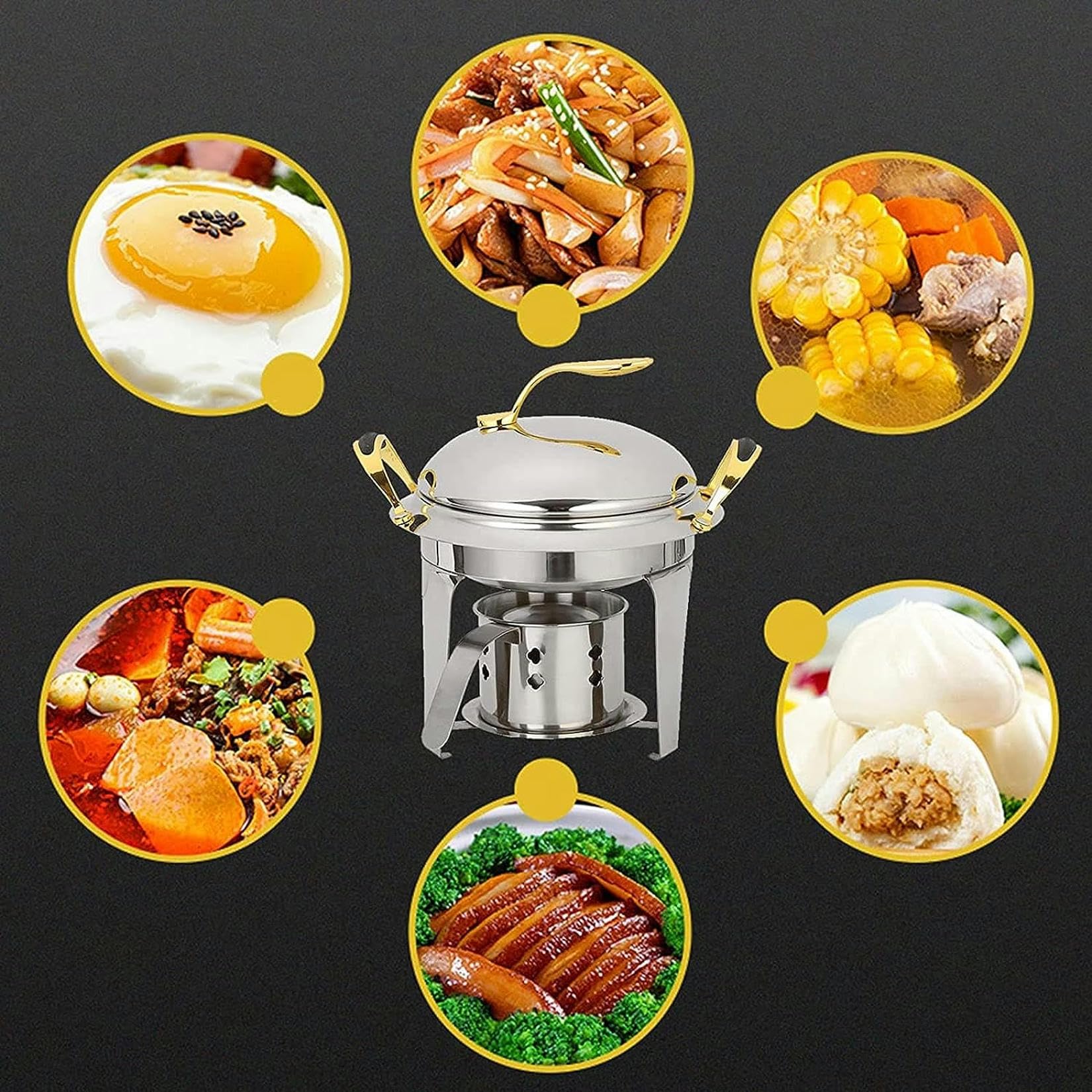 Chafing Dish in Acciaio Inossidabile per Uso Domestico,Set Scaldavivande Rotondo per Buffet con Teglia per Alimenti,Coperchio E Porta-Combustibile,per Buffet/Matrimoni