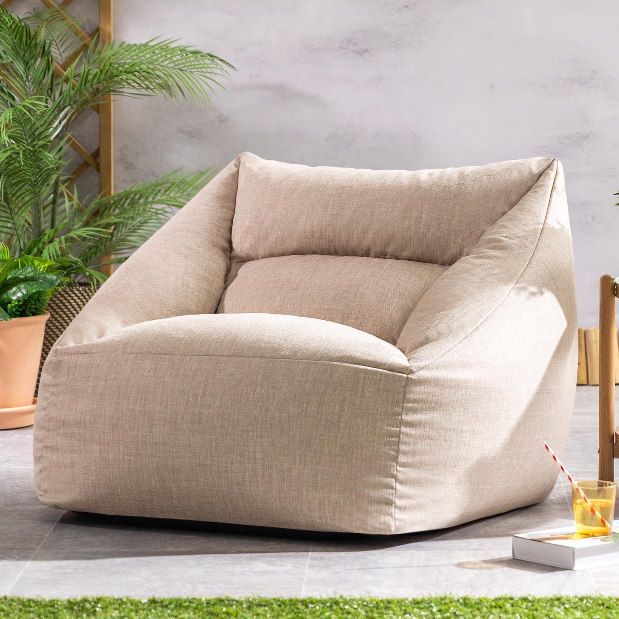 Natalia Outdoor Sitzsack Sessel für Erwachsene, Beige, Stoff, Riesen Sitzsack mit Füllung, Garten, Terrasse, Lounge