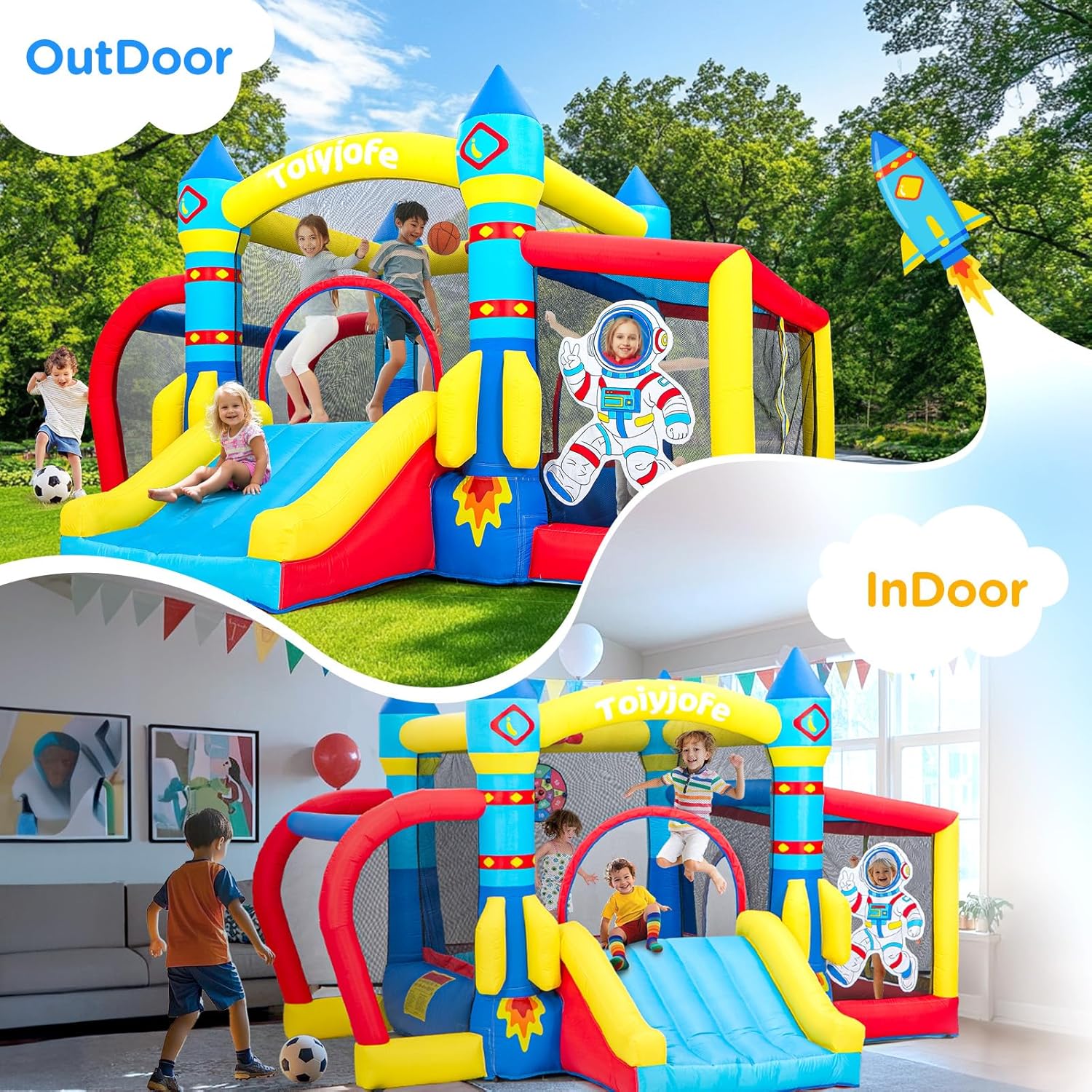 Space Adventure Bounce House for Kids 3–6, with Slide & Ball Pit & Hoop, 11.5FT × 10FT x 7FT Inflatable Bouncy Castle, 7-in-1 Jump House with 480W Blower for Indoor Outdoor Backyard Birthday Party