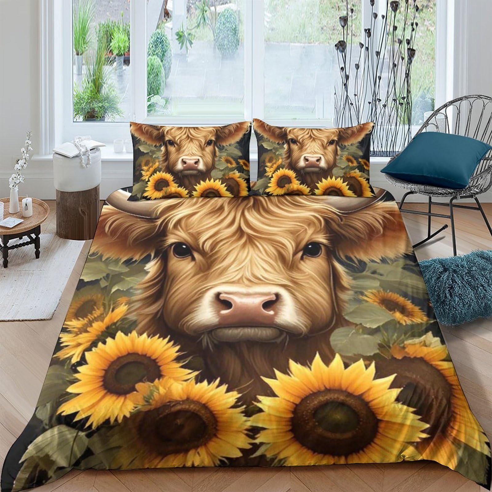 Ctjqhvkz Style-1 3D Printed Highland Cow Fitted Sheet Microfiber Sunflower Bed Sheet Anti-Slip Easy Care For Bedroom Guestroom Decor Single（135X200cm）