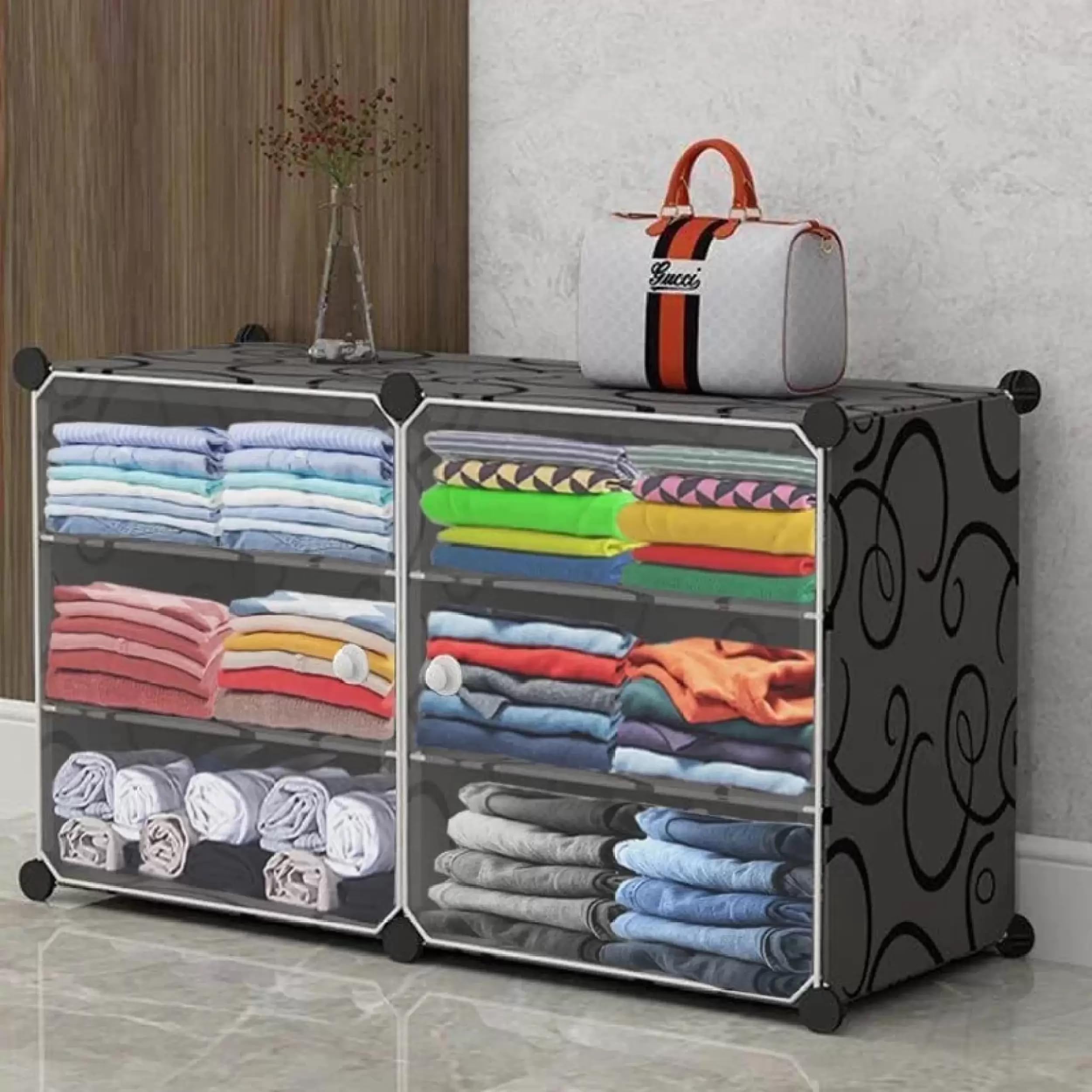 AYSIS Plastic Foldable Wardrobe for Clothes Storage - 6-Shelf 2-Door Collapsible Cupboard Rack (Black, 44x32x158 cm)