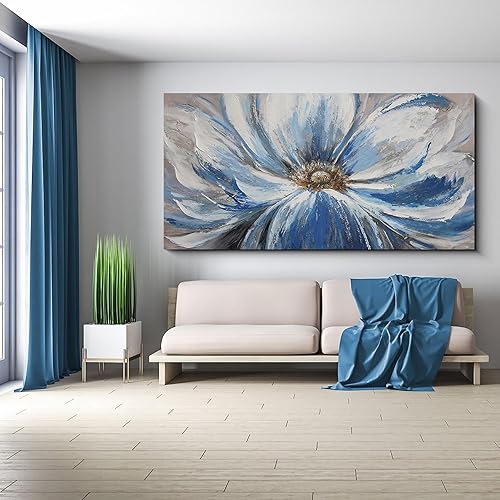 Miniatura 5 de Wijotavic Flores grandes azules y blancas, 30 x 60 pulgadas, parcialmente pintadas a mano, arte de pared para sala de estar, plantas para decoración