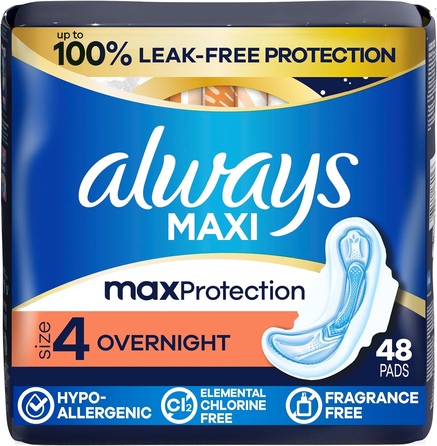 Always, Maxi Pads For Women, Size 4, Overnight Absorbency With Wings, 48 Count