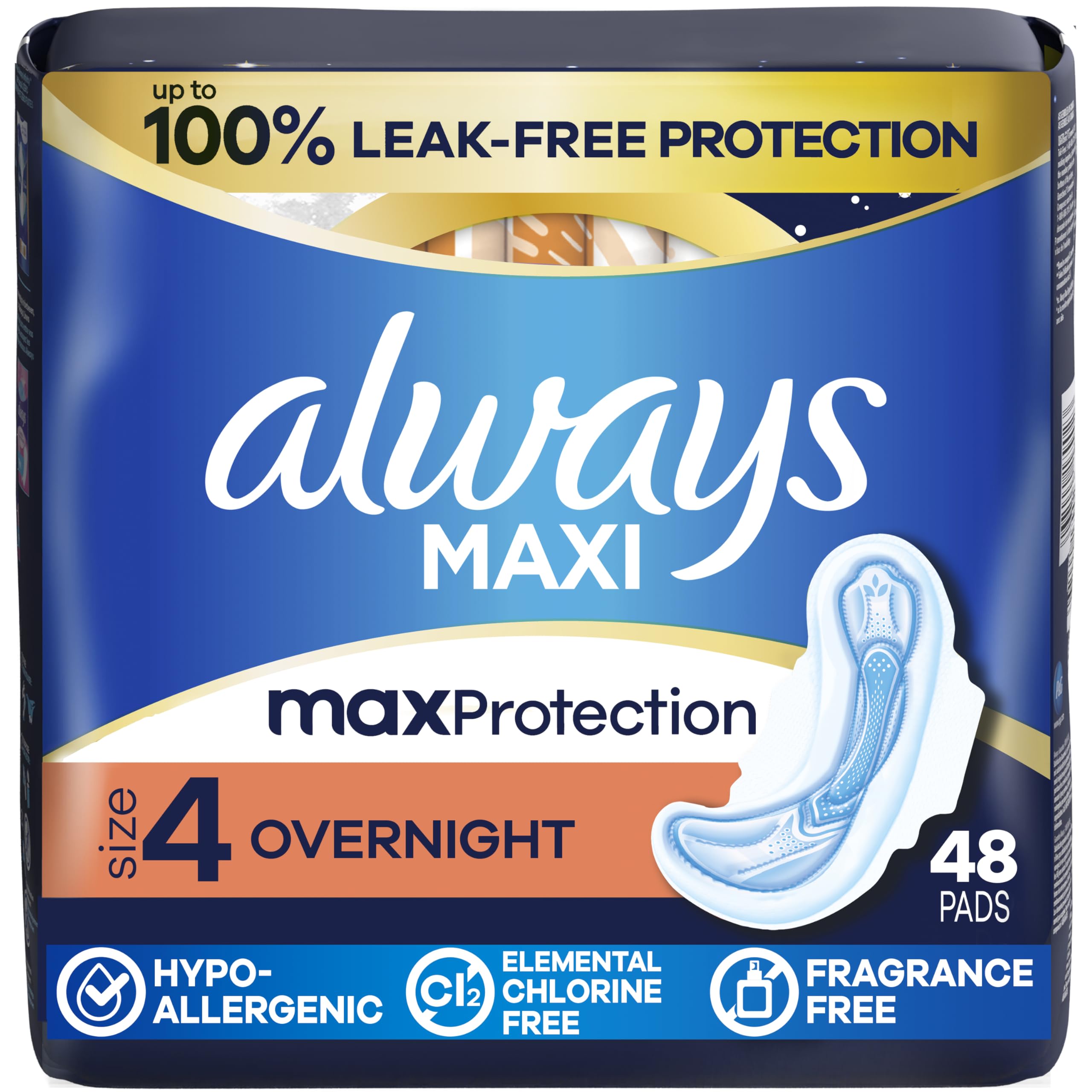 Always Maxi Overnight Feminine Pads with Wings for Women, Size 4, Overnight Absorbency, Unscented, Up to 100% Leak-Free Protection, 48 Count