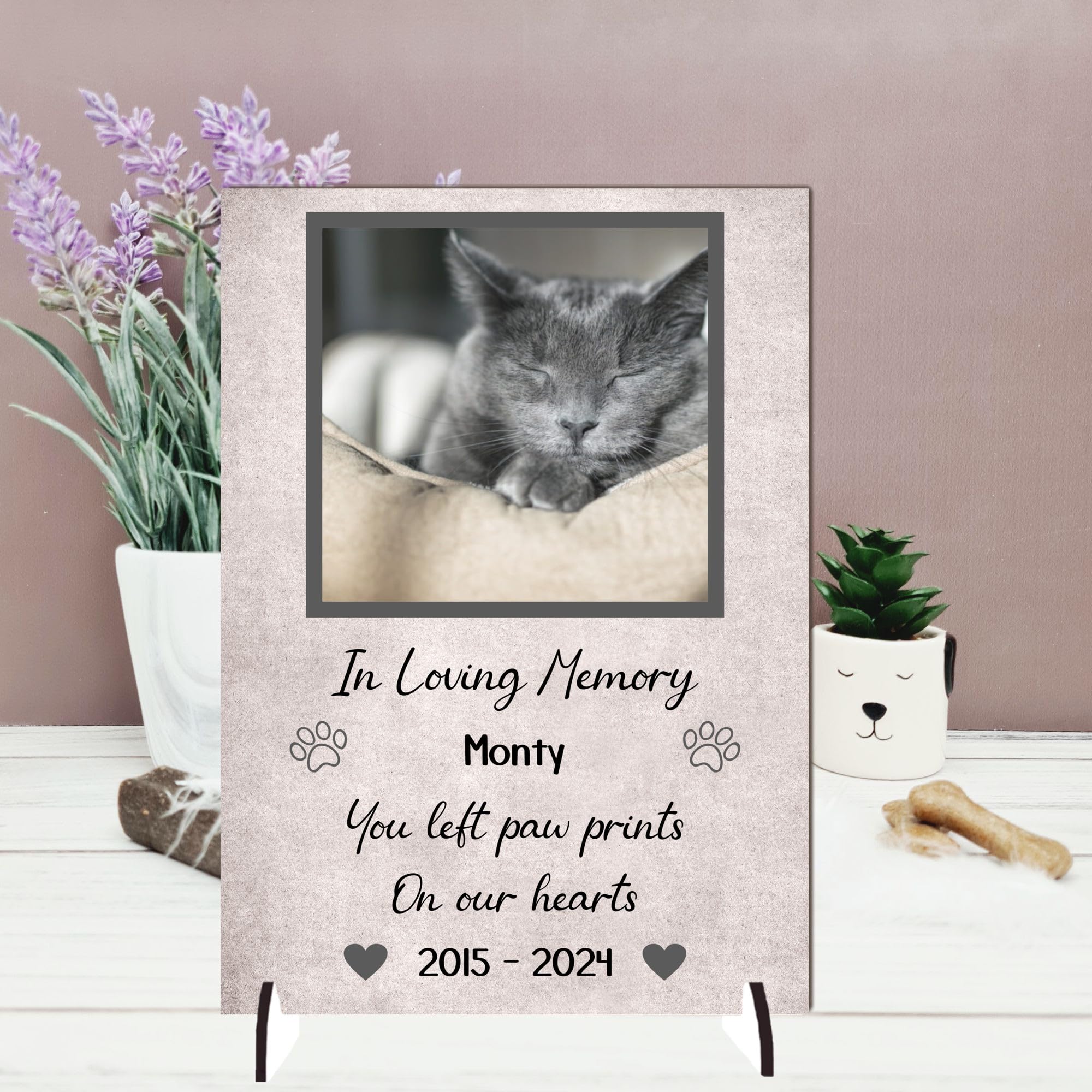 Personalised Pet Bereavement Photo Plaque - "Paw Prints on Our Hearts" Custom Memorial, Available in MDF or Acrylic, Size 148mm x 210mm (Mdf Wood 21cm x 15cm, Grey)