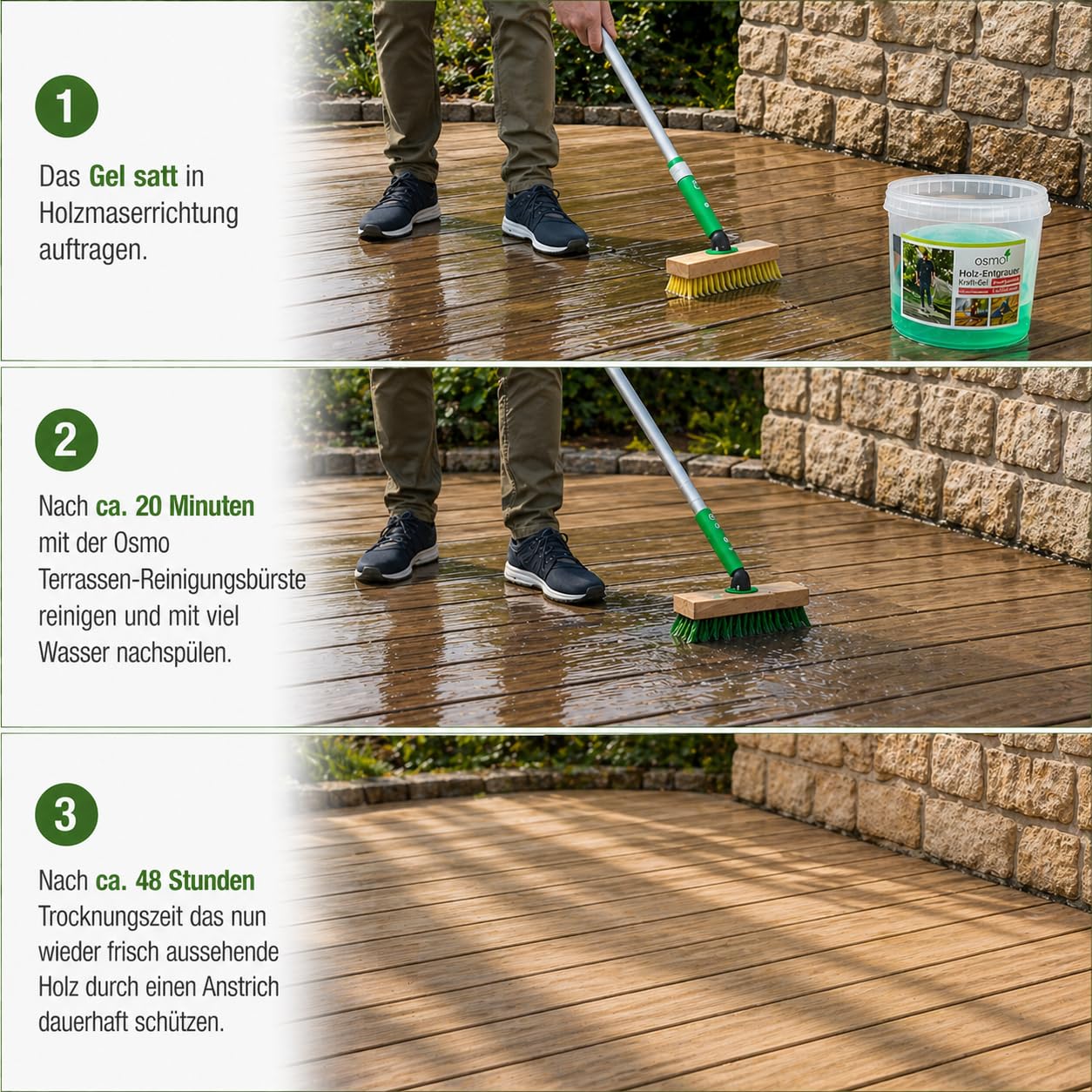 OSMO Holz Entgrauer Kraft Gel 6609 2,5L Set inkl Pfahler Pinsel und Bürste Holzreiniger für Holzterrassen Fassaden Gartenmöbel entfernt Vergrauung