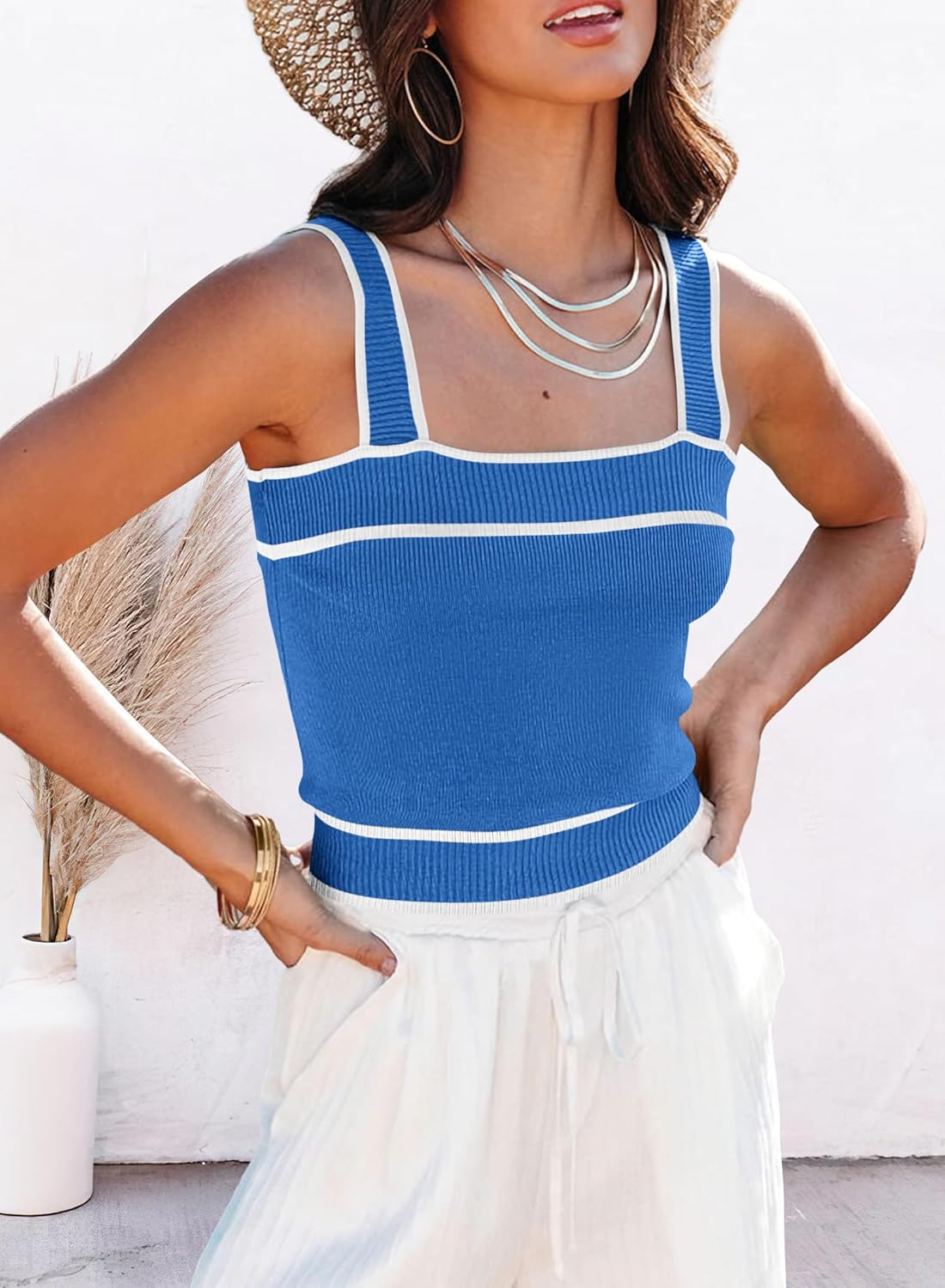 NALANISA Women's Trendy Summer Square Neck Crop Tank Tops 2026 Casual Color Block Knit Sleeveless Slim Fit Y2k Cami Shirts - Image 3