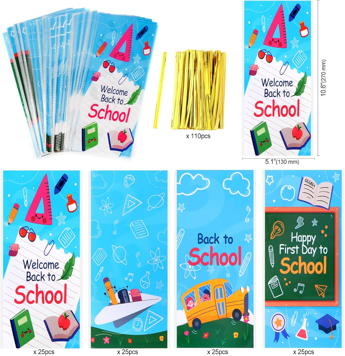 HOWAF 100pcs Back to School Cellophane Bags, Happy First Day of School Candy Bags with Twist Ties for Back to School Party Favor Supplies, Welcome Back to School Goodie Bags, Back to School Clear image 2
