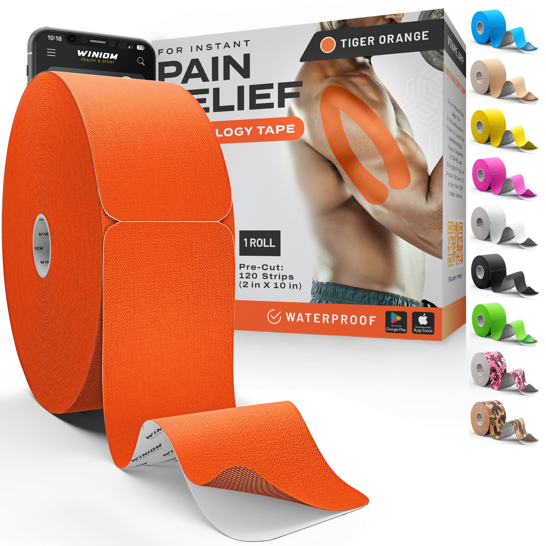 Kinesiology Tape - Waterproof Athletic Sports Tape for Knee, Shoulder, Arm &amp; Back Support | 3-5 Day Adhesion, Hypoallergenic &amp; Latex-Free + Taping Guide (Precut, 2"x100ft Roll, Tiger Orange)