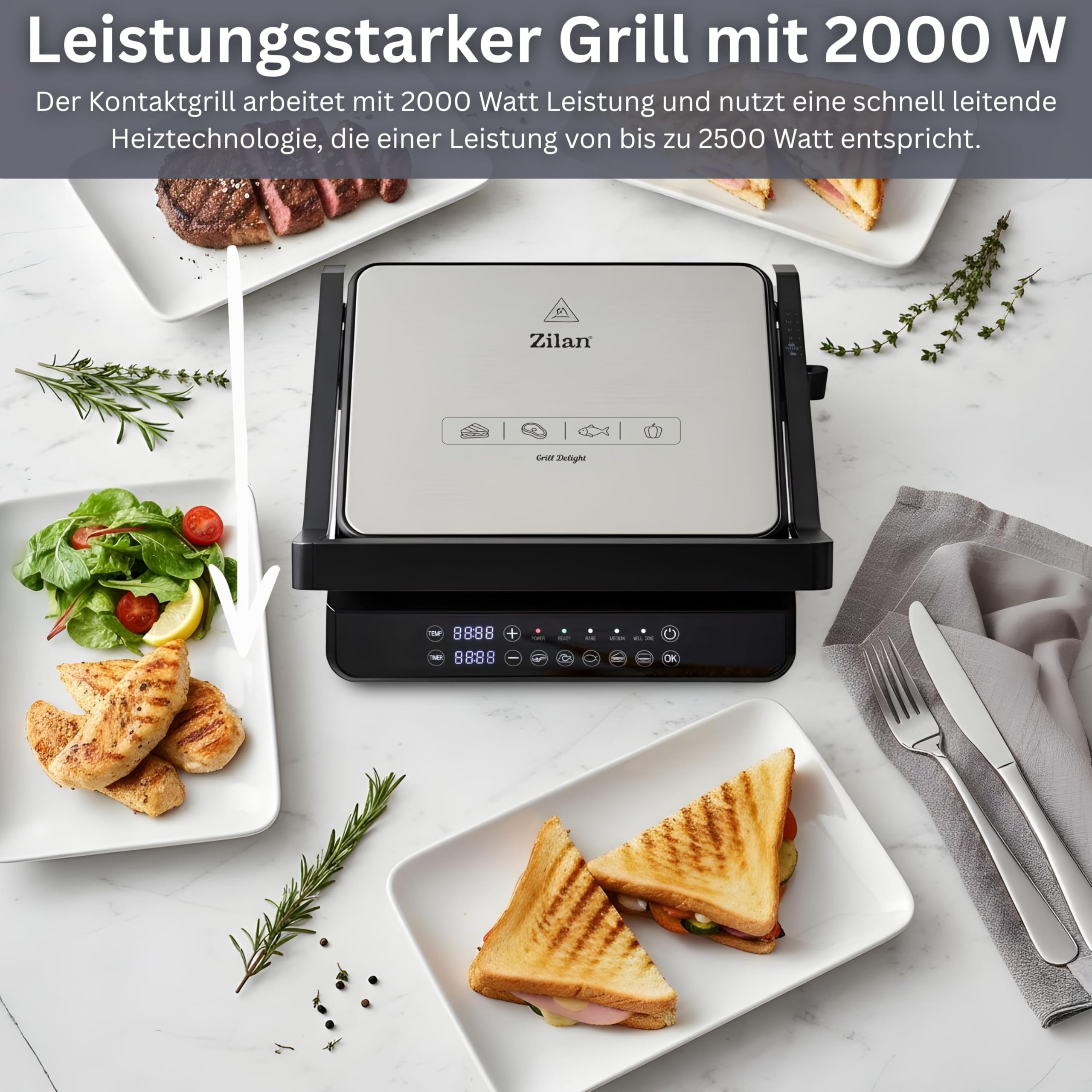 Zilan Digitaler Kontaktgrill abnehmbare Platten spülmaschinengeeignet 2000W Touch Bedienung, 5 Programme elektrischer Grill - Tischgrill - Temperatur- & Timeranzeige - Panini-, Sandwich- & Steakgrill