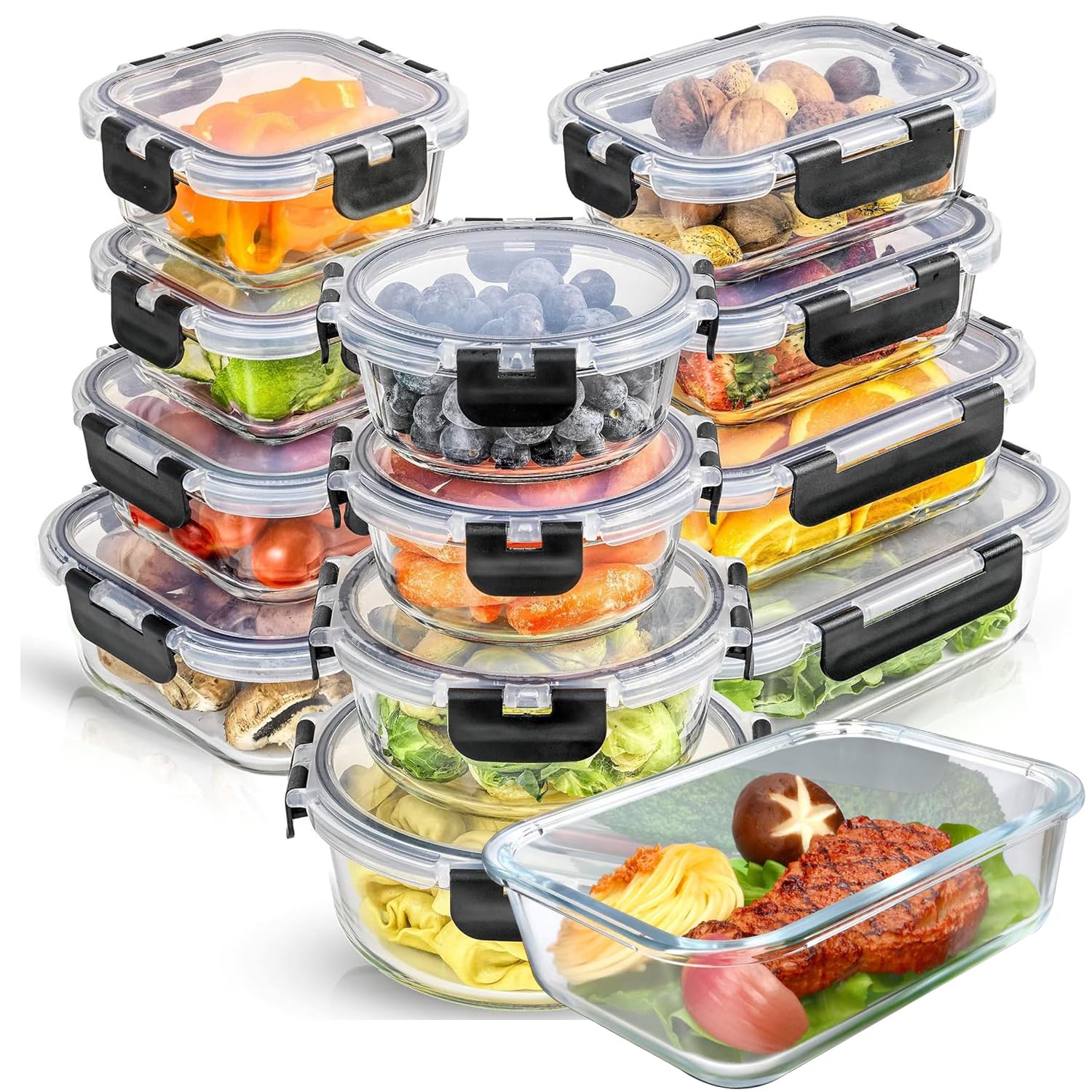 Tycom Glass Meal Prep Containers (12 pcs Mixed) - Glass Food Storage Containers with Lids, Lunch Box, Portion Control, Airtight, Bento Box Lunch Containers-12p Green