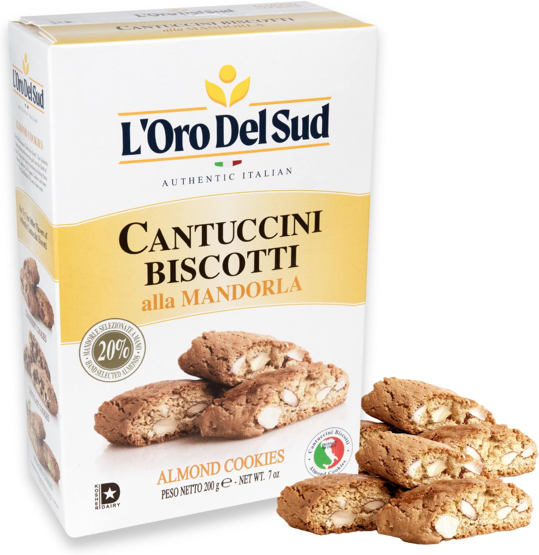 L'Oro Del Sud Traditional Almond Biscotti, Cantuccini d'Abruzzo, Italian Cookies made with real quality ingredients, 200 G, 7 oz,
