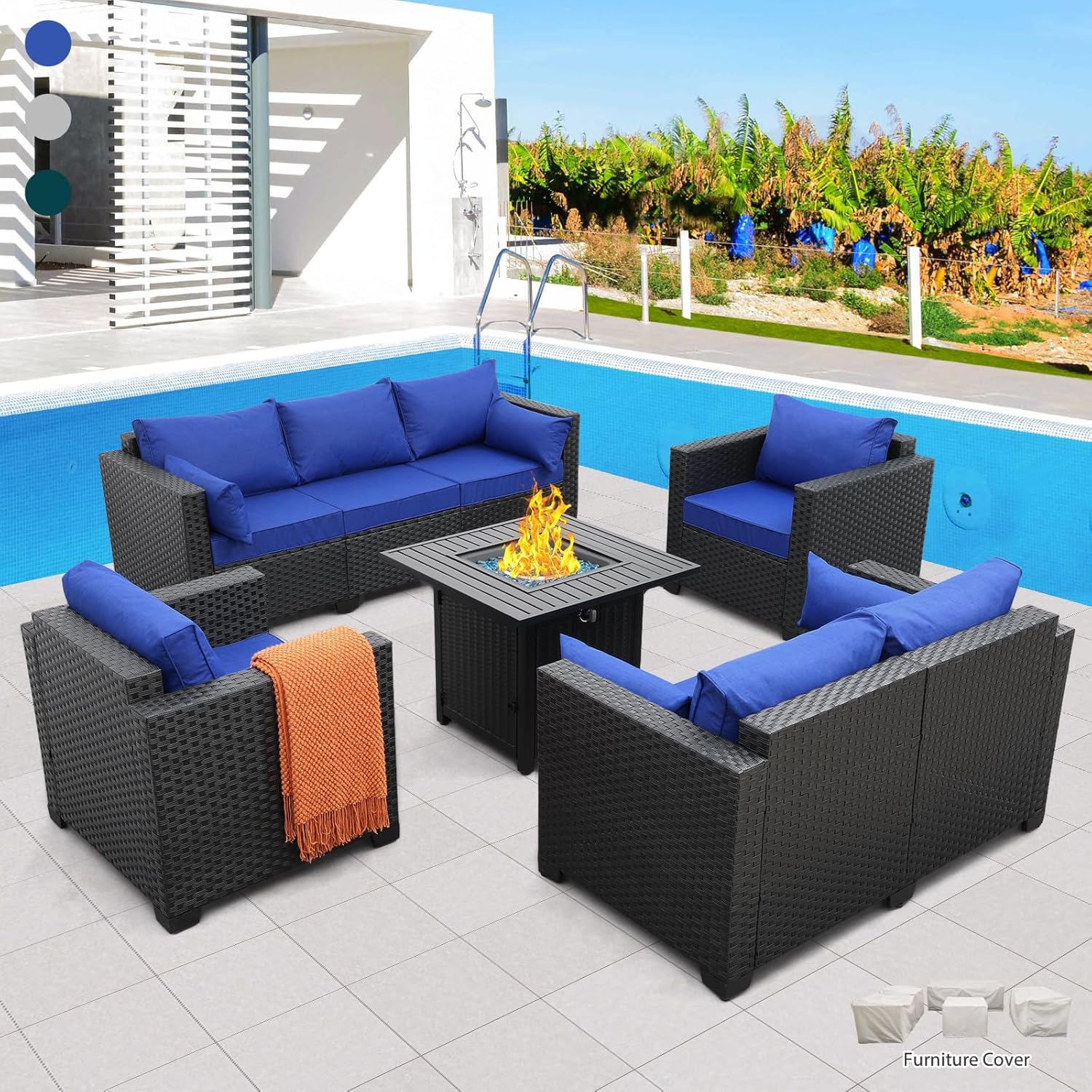 Rattaner Patio Furniture Sectional Sofa 5-Piece 50000 BTU Propane Gas Fire Pit Outdoor Wicker Furniture Set Square Steel Pit Table Grille Tabletop No-Slip Cushions Furniture Covers, Royal Blue