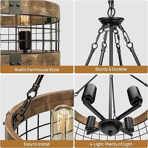 Miniatura 6 de ACNKTZ Lámpara de araña rústica de granja, lámpara colgante redonda de 4 luces para comedor, entrada, isla de cocina, vestíbulo, área de desayuno,