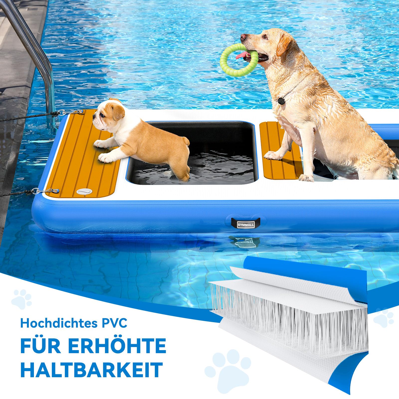 Aufblasbare Hunderampe, 170x120cm, Bis 150kg | Schwimmend, 2-in-1 Plattform & Rampe, Reißfest, für Boote/Pools/Docks, Gelenkschonend für ältere Hunde, einfache Lagerung