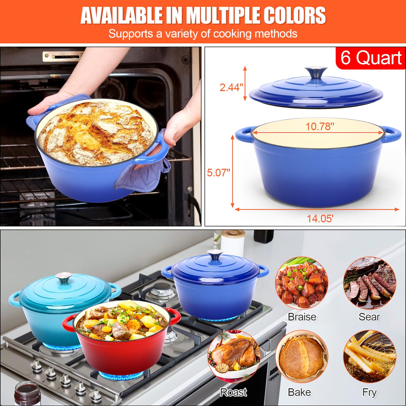 Żeliwny garnek do pieczenia chleba, żeliwny garnek z pokrywką, Dutch Oven garnek do pieczenia chleba z koszem fermentacyjnym, mikserem do ciasta, forma do duszenia, smażenia, zakwasu, zestaw startowy