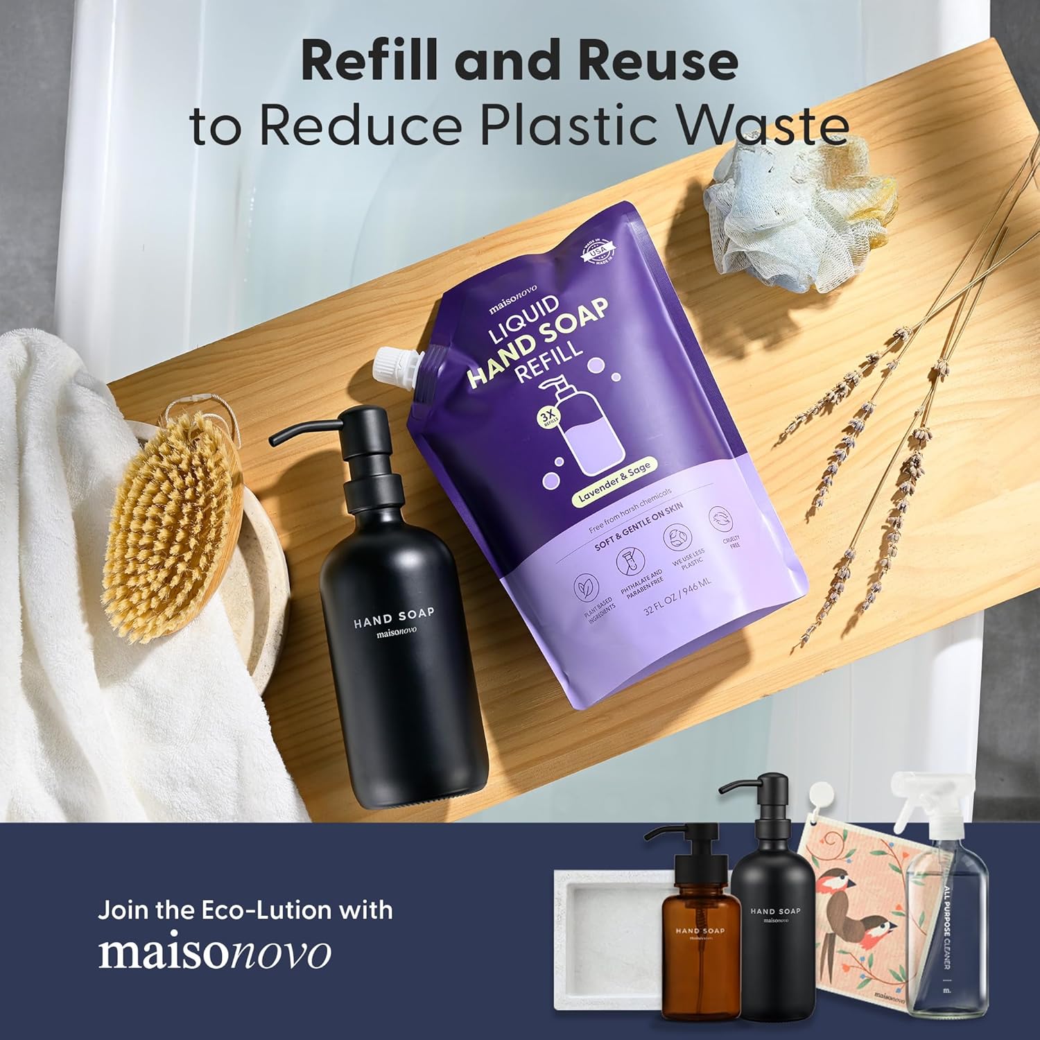 MAISONOVO Hand Soap Refills | Natural Hand Soap Refill Made in USA | Gentle Non Toxic Refill Good for All Skin Types | Lavender Refill Pouch 32 oz