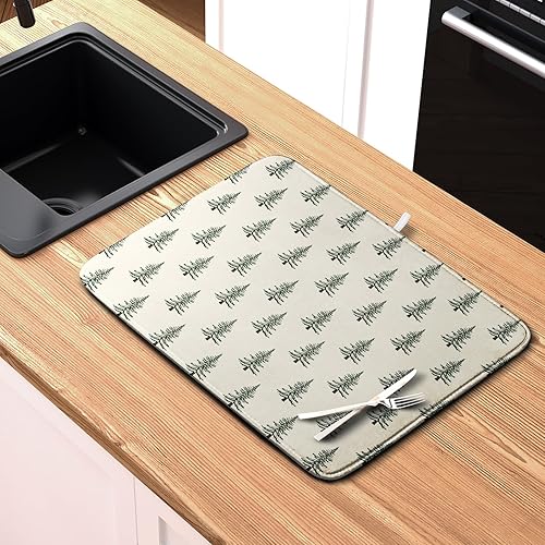 Vista 210 de Tapete de secado de platos con hojas de palma tropicales para encimera de cocina, 18 x 24 pulgadas, tapete de secado de cocina Monstera verde