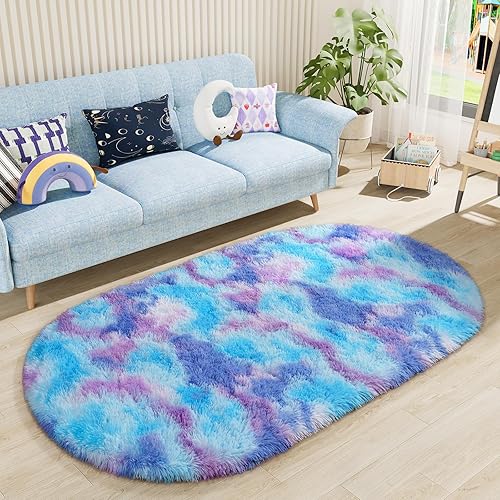 Miniatura 120 de LOCHAS Alfombra esponjosa para dormitorio, 2.6 x 5.3 pies, alfombra lanuda para dormitorio, mesita de noche, alfombra ovalada suave para sala