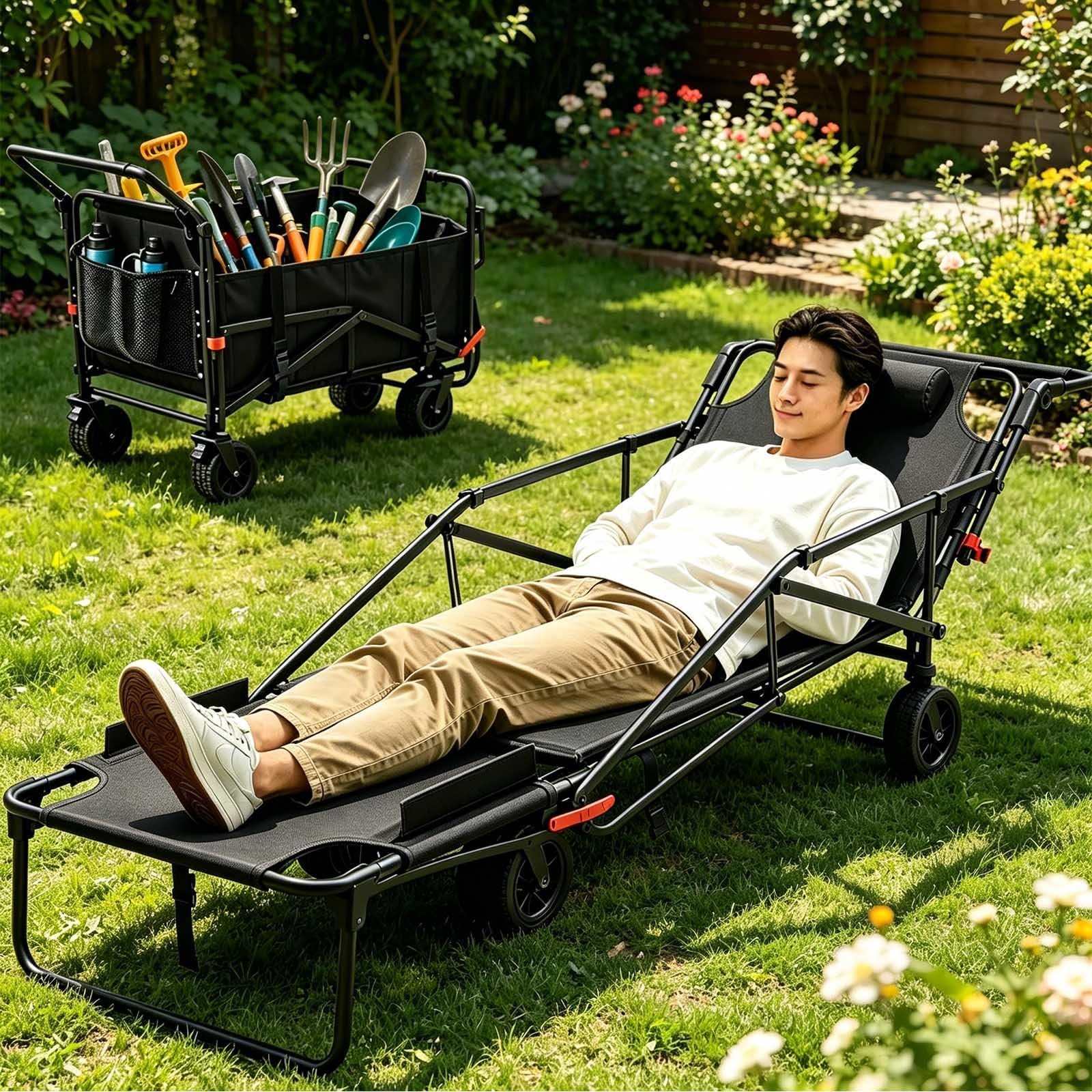 Chariot pliable et chaise de plage, chariot pliable robuste avec roues tout-terrain, capacité de 200 kg pour l'extérieur, le camping, le jardin, le pique-nique et le shopping