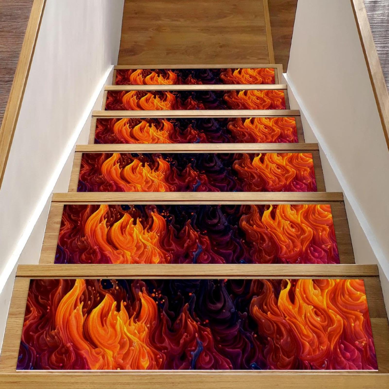 Tapis d'escalier antidérapant en bois lot de 15 marches lavables motif feu et eau
