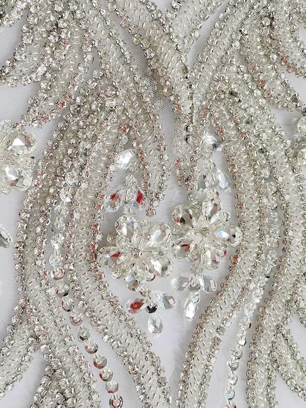 Jpumley.pksn Handmade Rhinestones lace Appliques sew on Beads Trim Patches for Dress Clothing Accessories 1Pair/Bag 5.5X20.4inches (Silver) by Jpumley.pksn - Used condition - Image 4