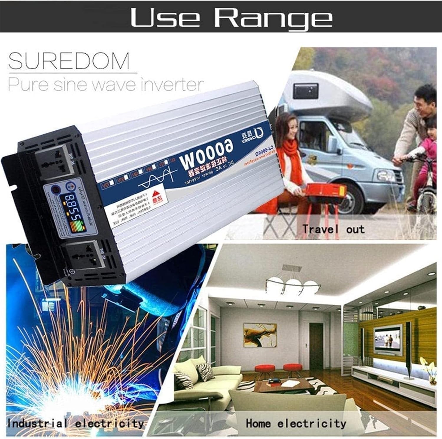 Inverter1600W/3000W/3500W/4000W/5000W/6000W/8000W/10000W/12000W，12V 24V 48V 60V 72V DCto110V,Suitable for Cars,Camping, Travel, Emergenc,Solar Inverter，LCD Display Port and Outlets, (Color : 8000W,