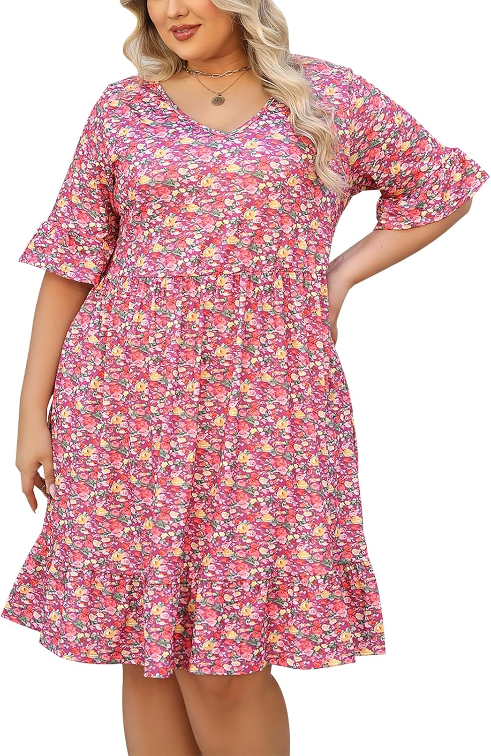 Celkuser Plus Size Summer Midi Casual Ruffle Short Sleeve Dress Lightweight Flowy Babydoll Beach Dress for Women with Pocket