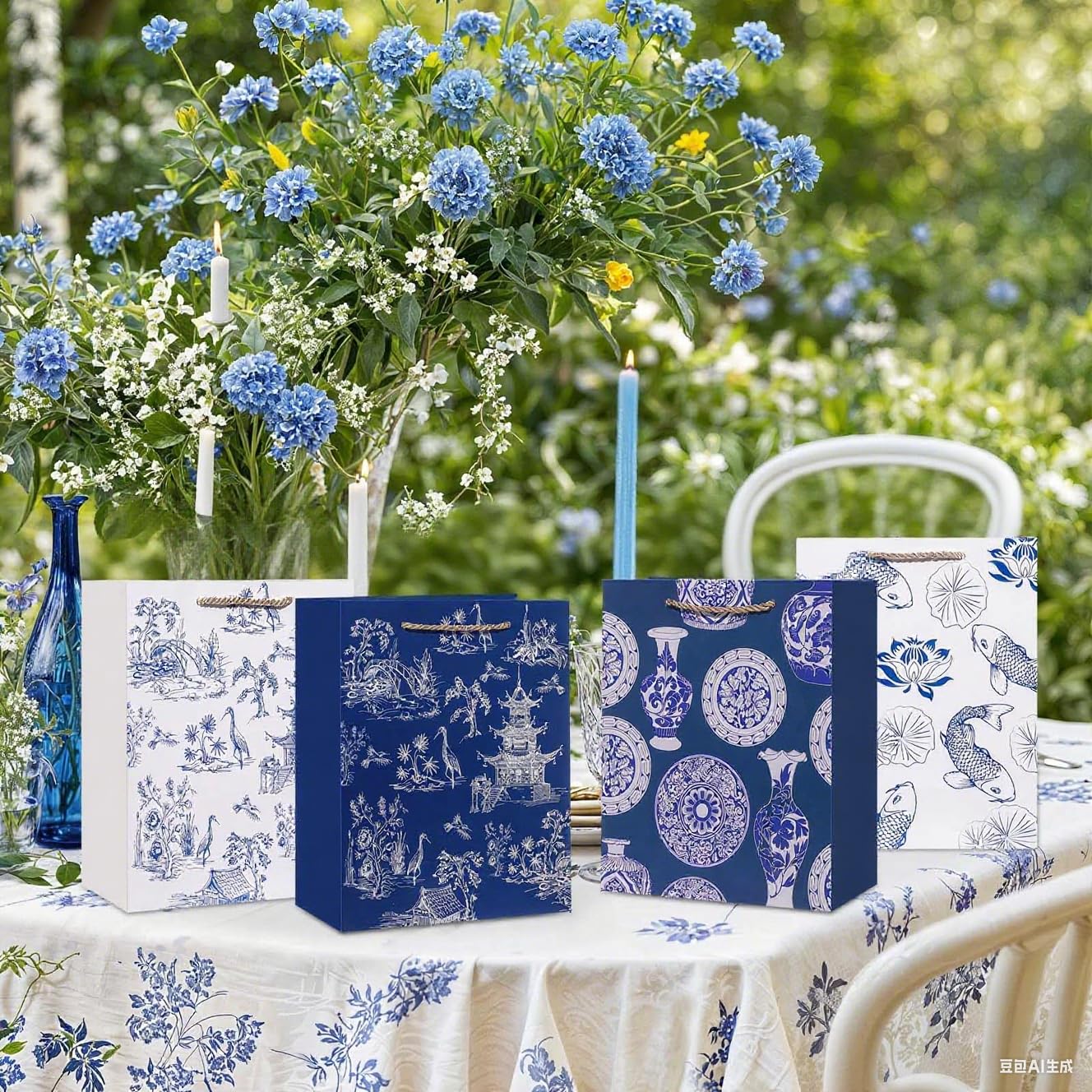 CMINAUS 24 Pack Blue Floral Gift Bags - 4 Chinoiserie Patterns For Parties & Weddings