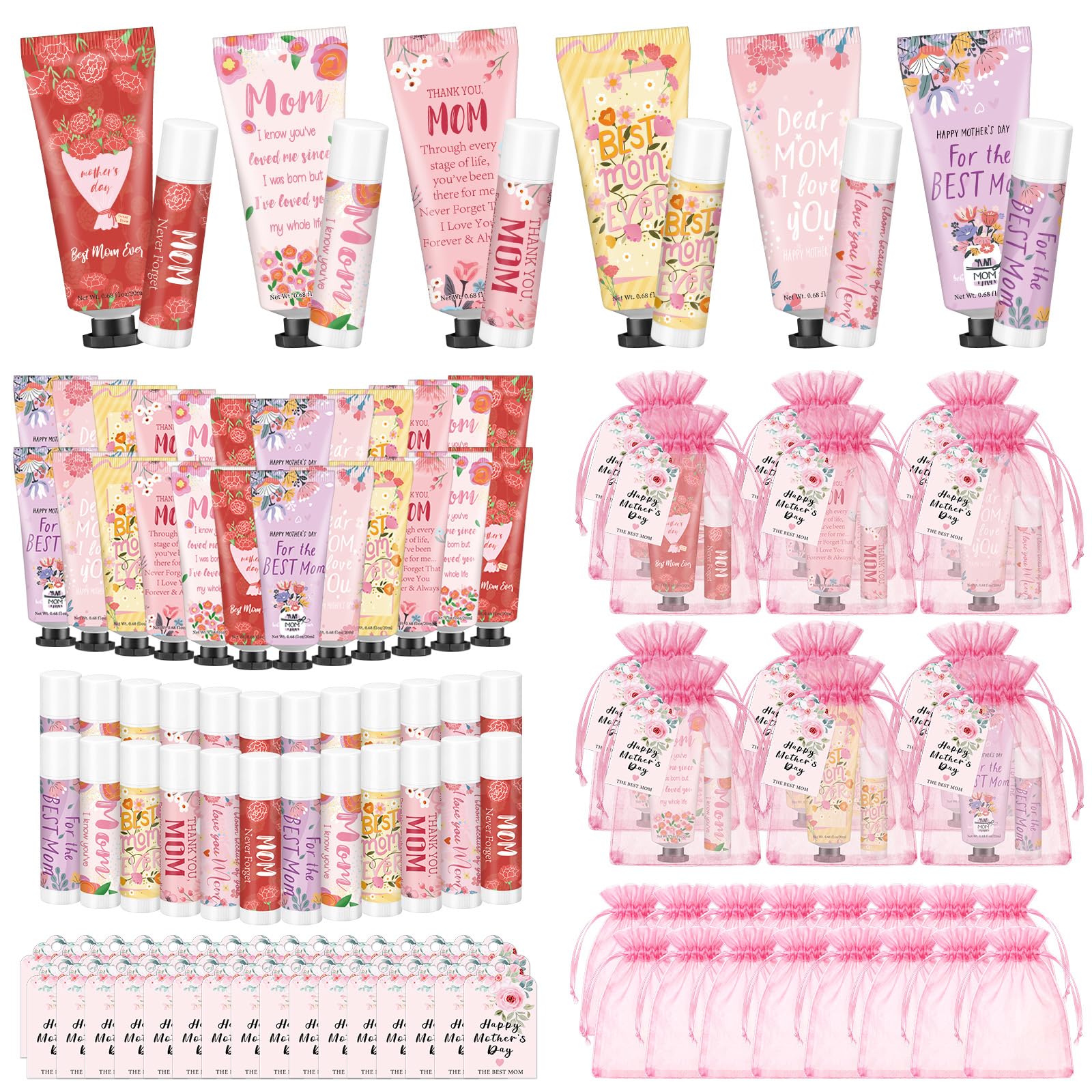 View 1 of **MISSING PARTS***Loopeer 48 Sets Mother's Day Hand Cream and Lip Balm Gifts Bulk with Greeting Card and Bags Pink Mother's Day Gift Ideas Mom Party Favors Stuffers for Women Friends Ladies