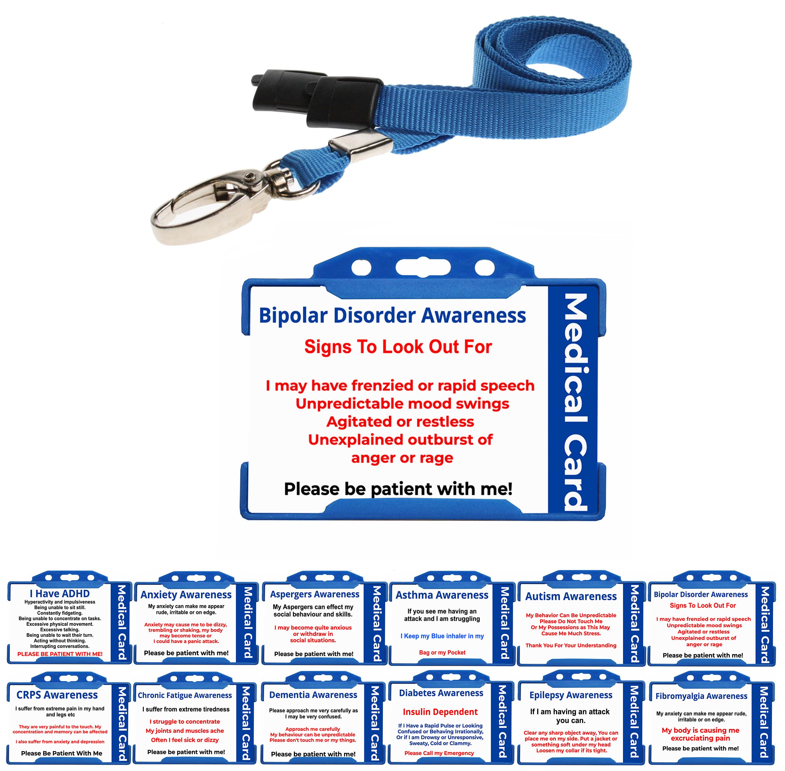 Quantum Leap Bipolar Disorder Awareness Disability Printed Plastic Medical Card - with Blue Holder & Blue Lanyard